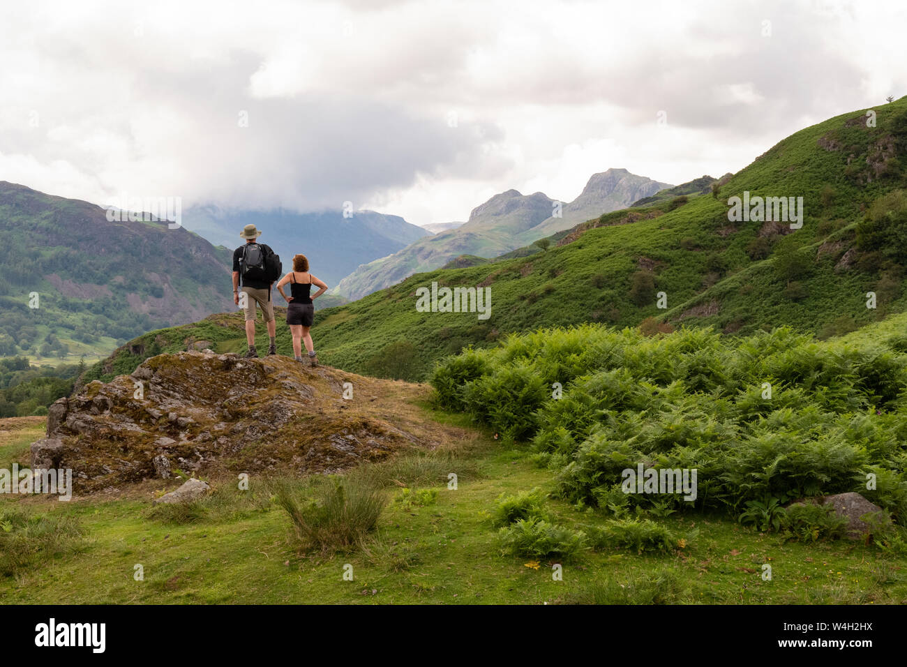 Walkers vicino a Elterwater, grande Langdale guardando verso Langdale Pikes, Cumbria, Lake District, England, Regno Unito Foto Stock