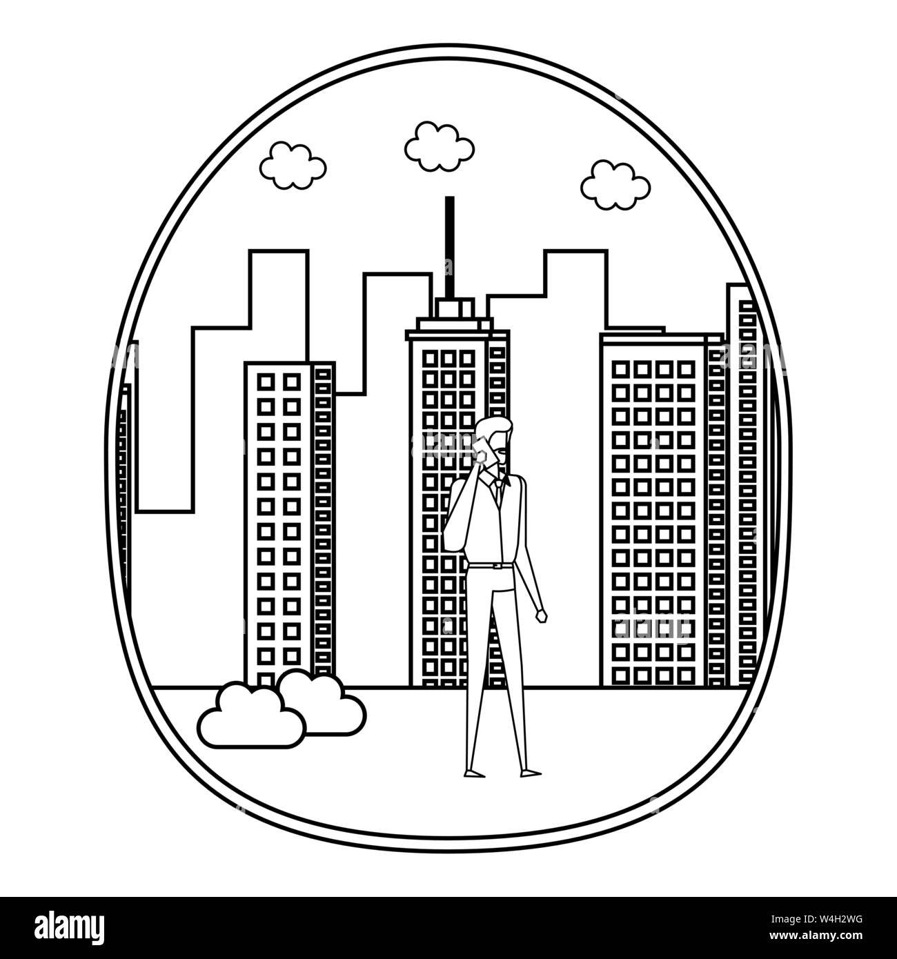 Imprenditore utilizza lo smartphone sulla città Illustrazione Vettoriale