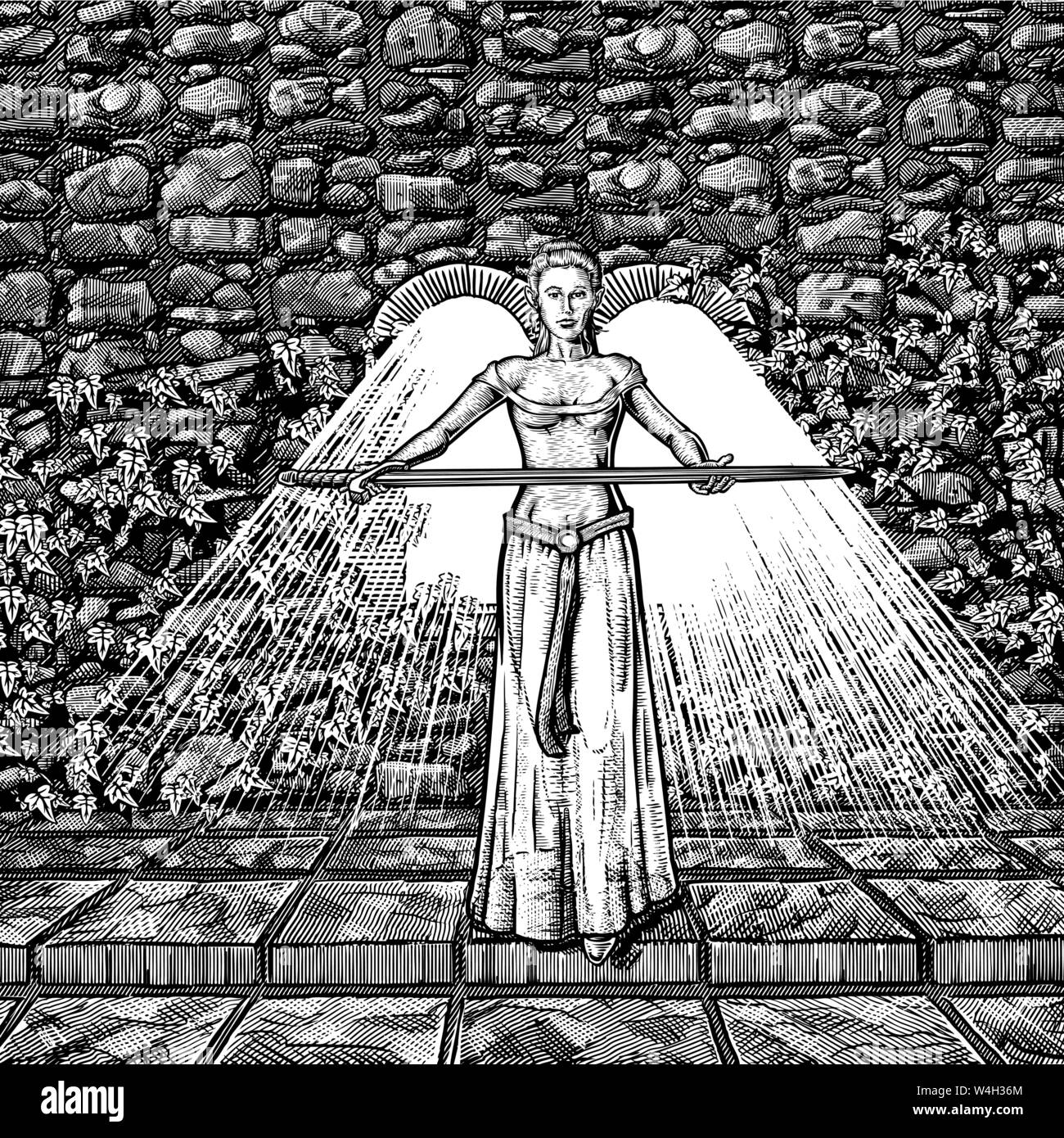 Angellic ragazza in un abito lungo in castello hollding una spada in avanti come flussi di luce solare attraverso le finestre. Illustrazione Vettoriale