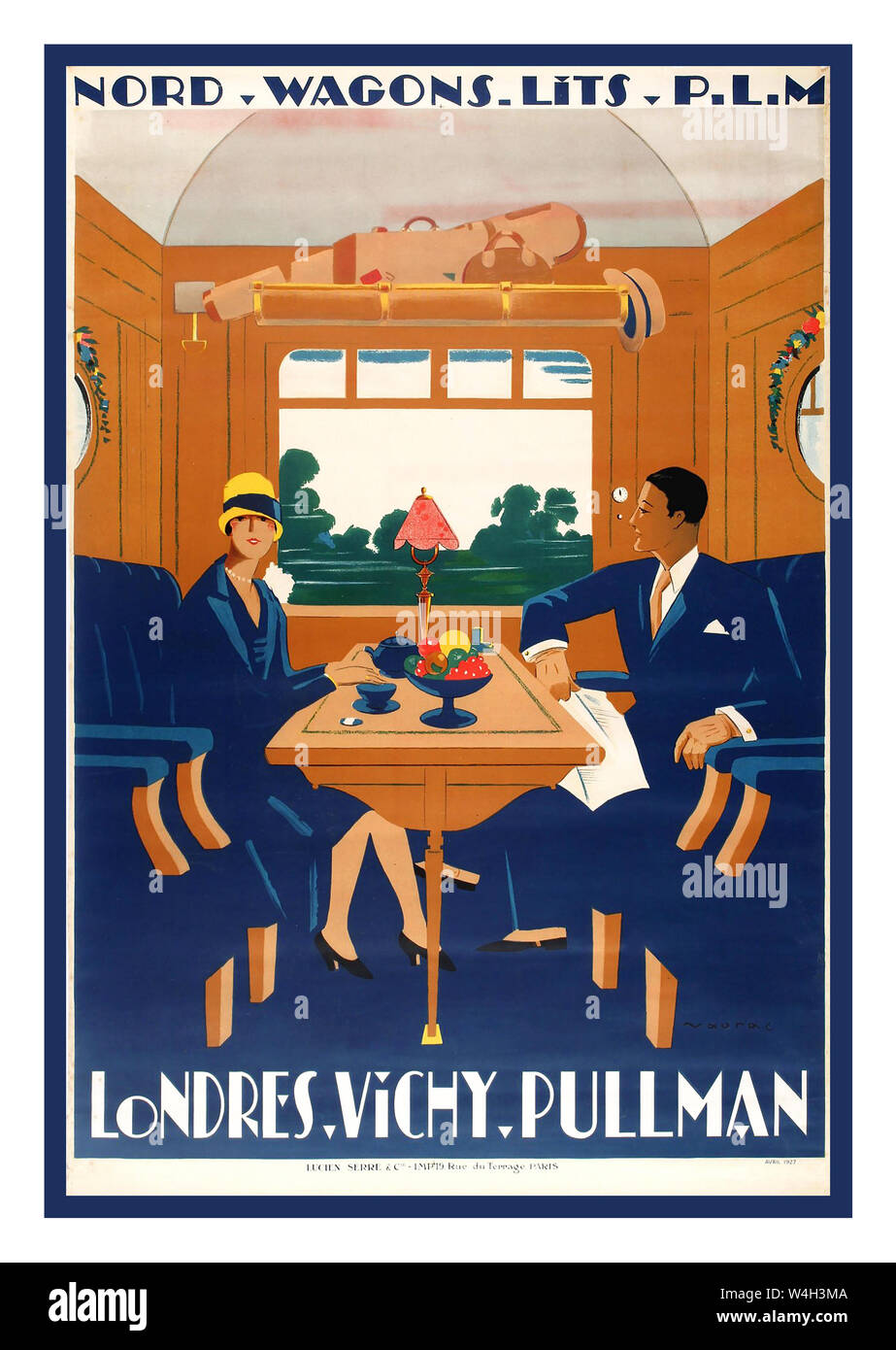 Rampa di vintage Luxury Travel Poster 1927 Nord, carri Lits. Il PLM. Londres Vichy Pullman Travel Art Deco Poster PLM Londra Pullman ferrovia da Naurac Foto Stock
