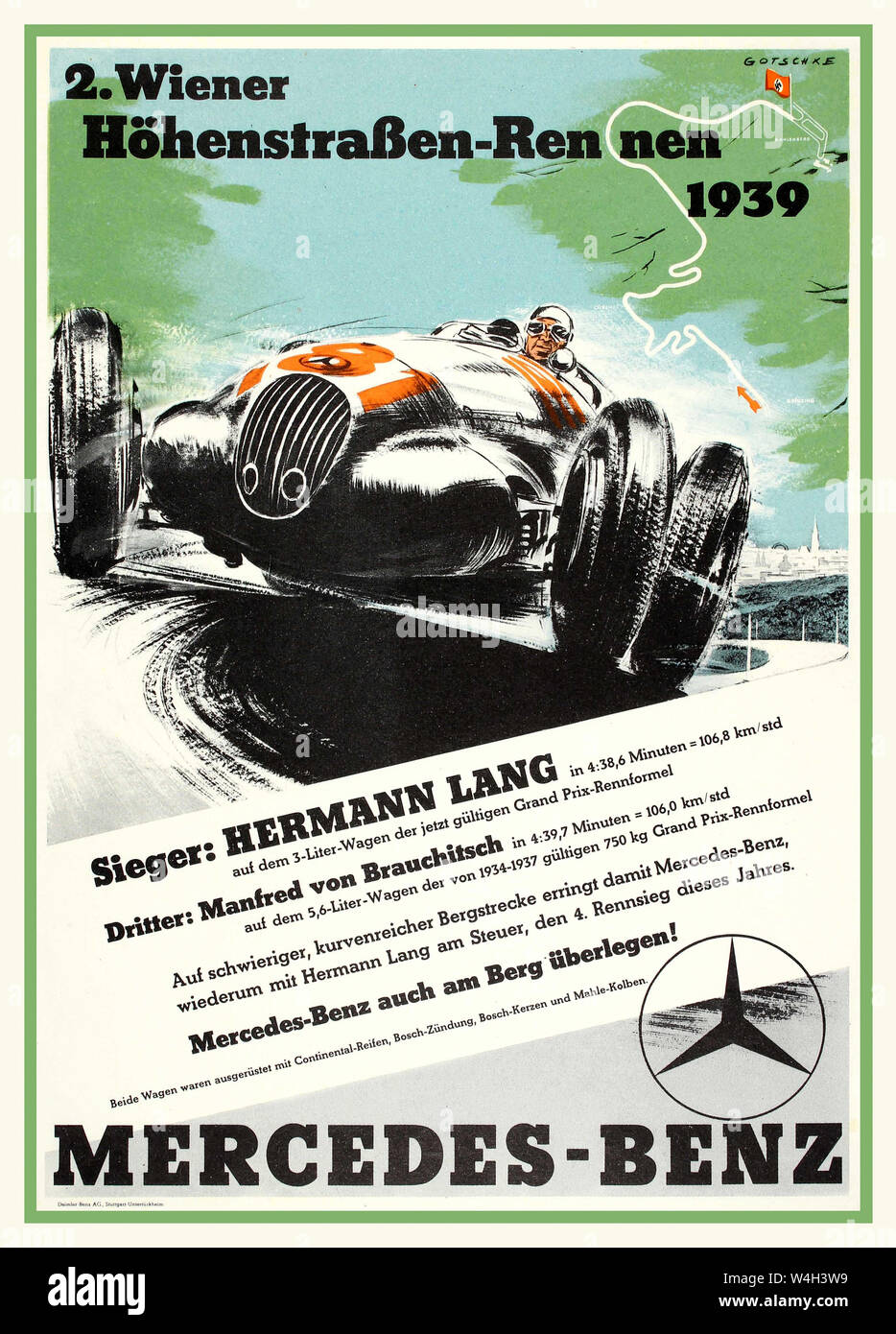 Vintage Mercedes Motor Race Poster 1939 Vienna street gara vincitore HERMANN LANG Terzo Manfred von Brauchitsch con gara traguardo contrassegnati da rosso svastica bandiera Foto Stock