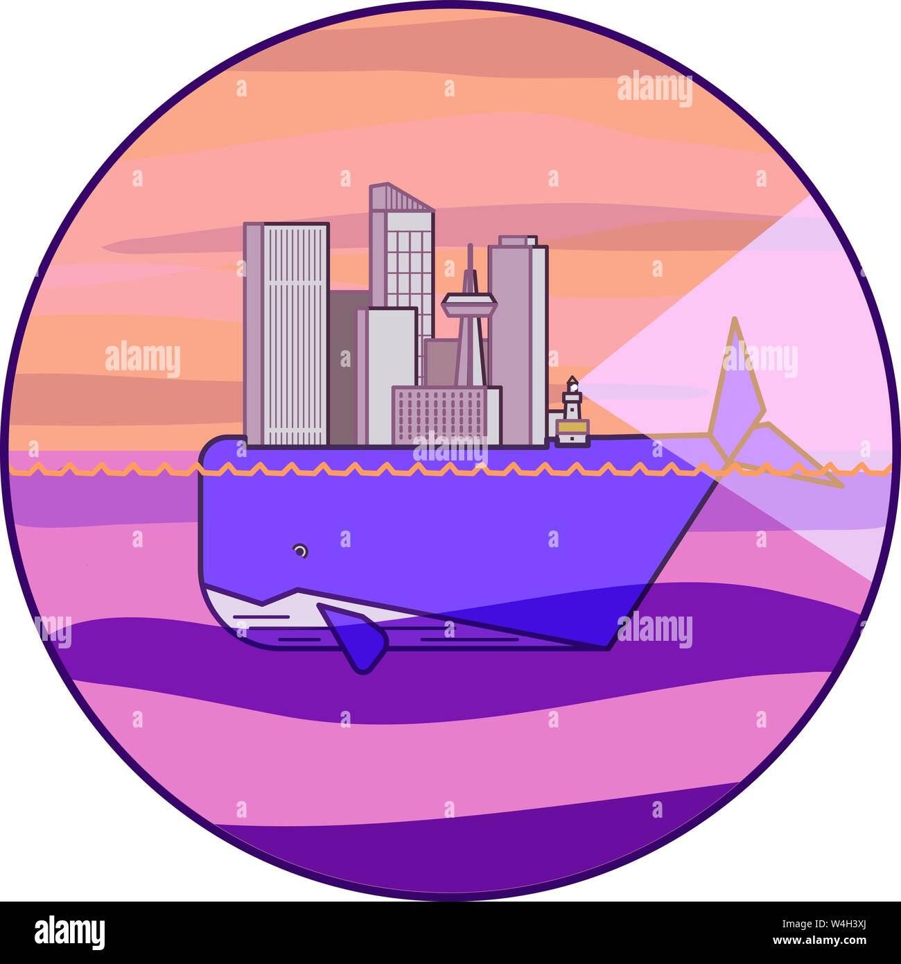 Balena gigante nuotare nel mare mentre trasporta una città sulla sua schiena, con una casa di luce raggiante una macchia di luce dietro di loro. Illustrazione Vettoriale