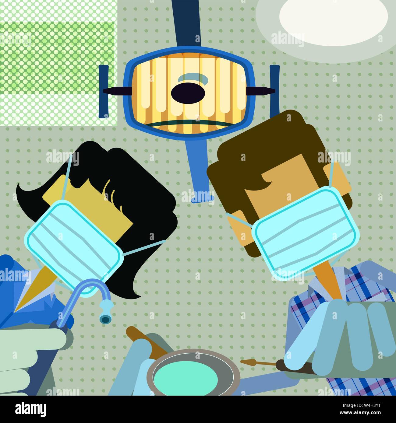 Dentista & assistente dentale nelle maschere visto dal paziente POV lavorando su un paziente con la dental le luci visto sul soffitto Illustrazione Vettoriale