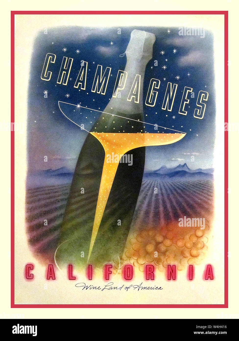 Vintage anni cinquanta USA CHAMPAGNE Vintage CALIFORNIA Poster da Macouillard 1958 Foto Stock
