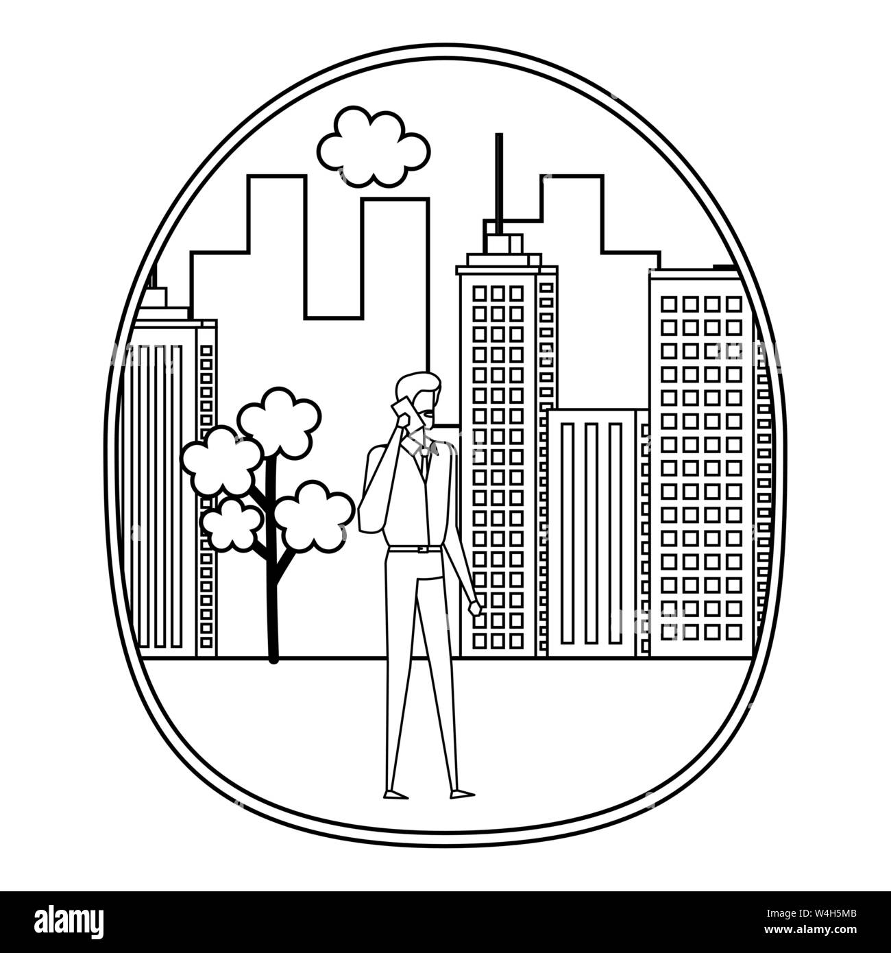 Imprenditore utilizza lo smartphone sulla città Illustrazione Vettoriale Imprenditore utilizza lo smartphone sulla città Illustrazione Vettoriale