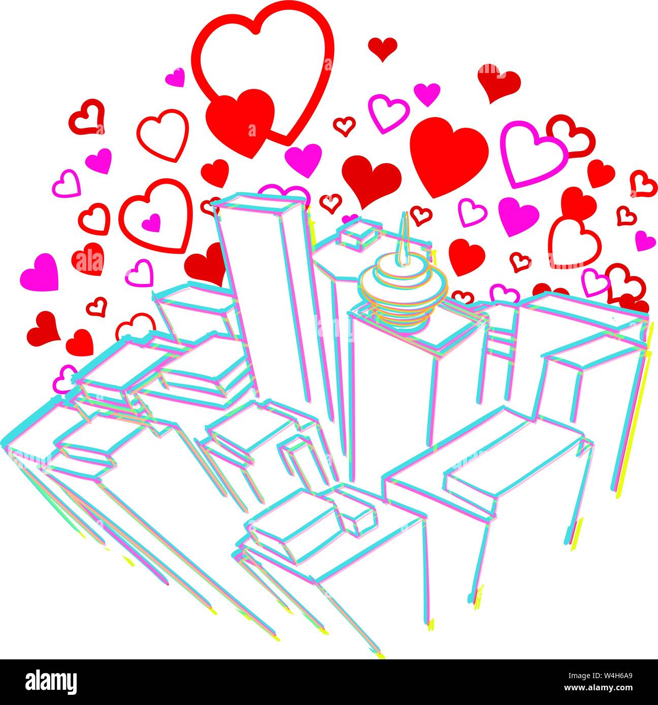 Disegnato a mano città alto gruppo di edifici circondati da & sollevandosi al di sopra sono una nuvola di cuori di varie dimensioni Illustrazione Vettoriale