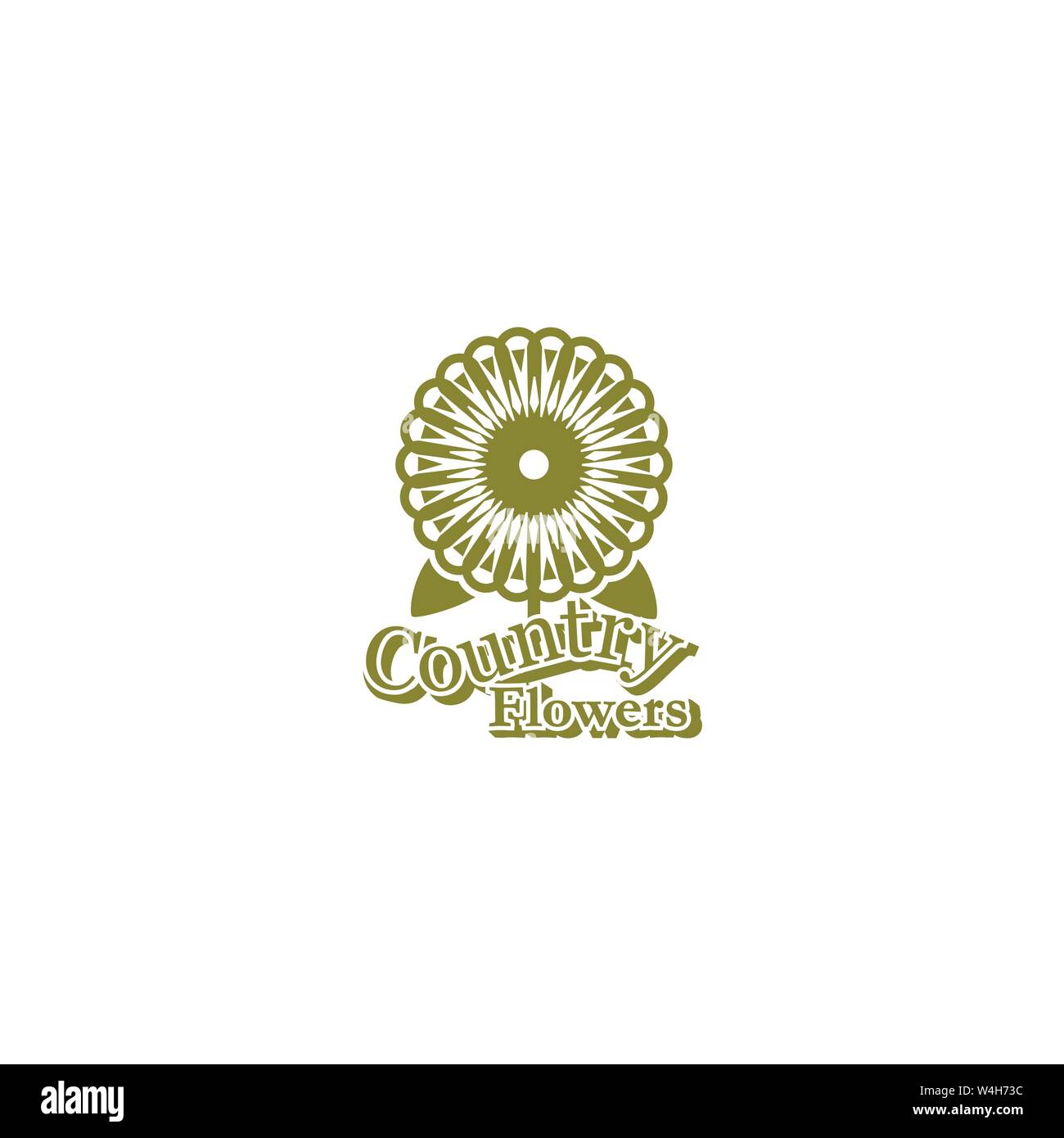 Stilizzato geometrico round daisy o sun flower flowerhead & lamina a forma volare farfalle con le parole paese fiori scritto al di sotto di esso. Illustrazione Vettoriale