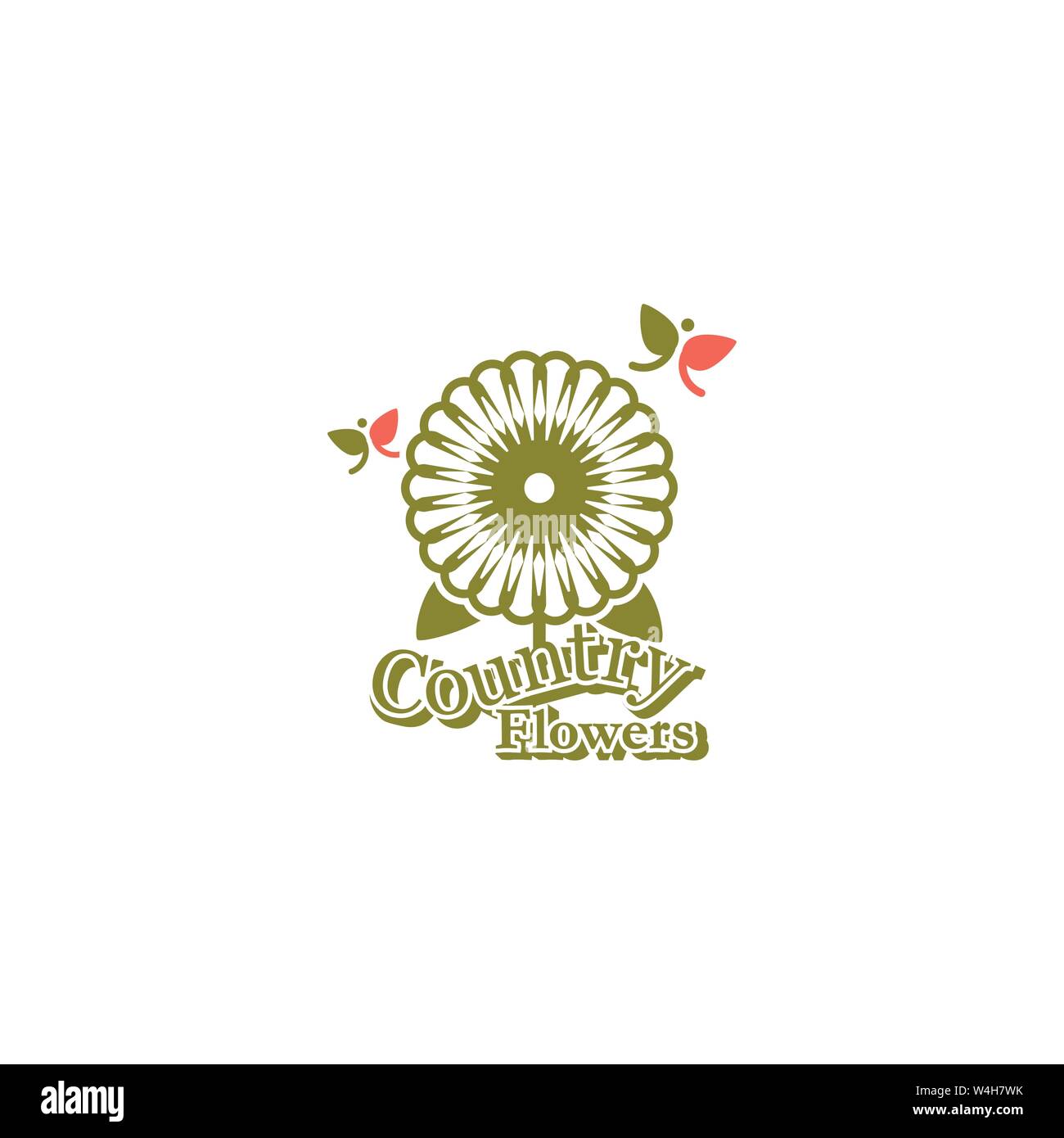 Stilizzato geometrico round daisy o sun flower flowerhead & lamina a forma volare farfalle con le parole paese fiori scritto al di sotto di esso. Illustrazione Vettoriale