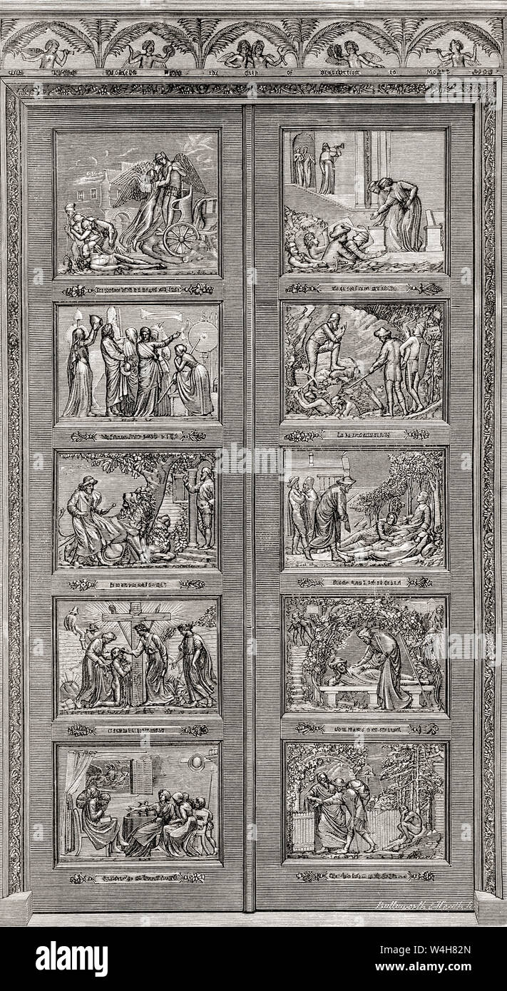 La Bunyan cancelli, Bedford, Inghilterra. Queste porte in bronzo sono decorate con scene del Pilgrim's Progress. In inglese da immagini, pubblicato 1890. Foto Stock