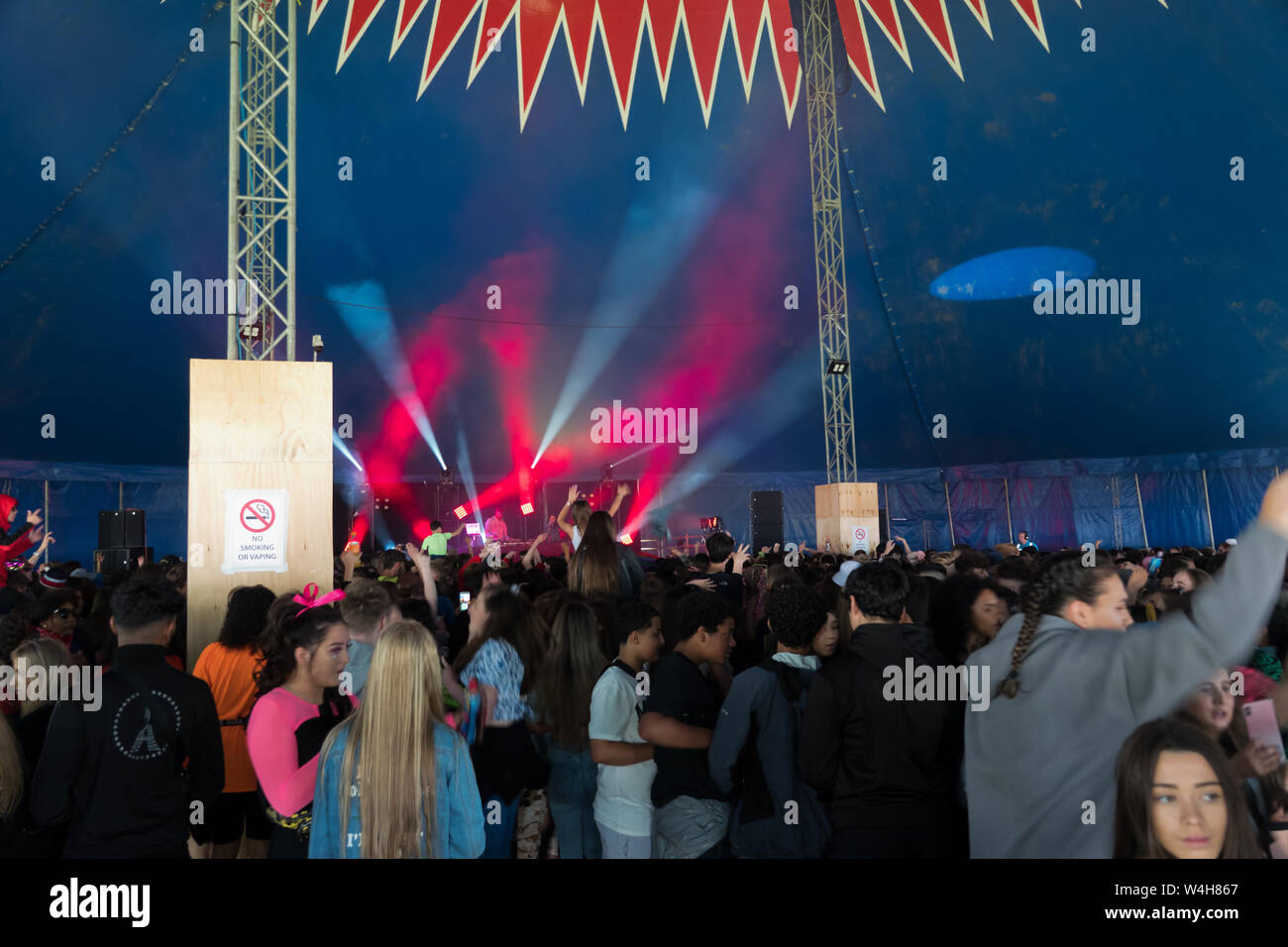 Gli adolescenti ascoltando musica rave in una grande marca in un outdoor festival di musica Foto Stock