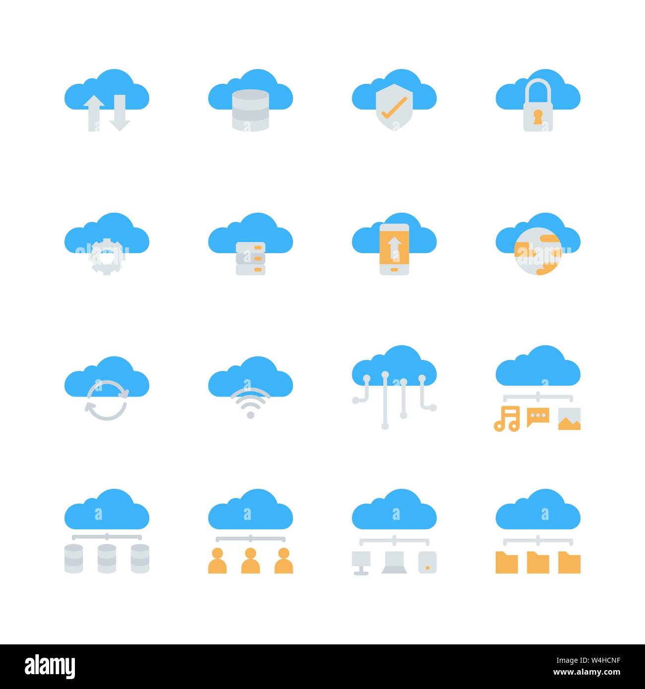La tecnologia cloud icon set in design piatto..illustrazione vettoriale Illustrazione Vettoriale