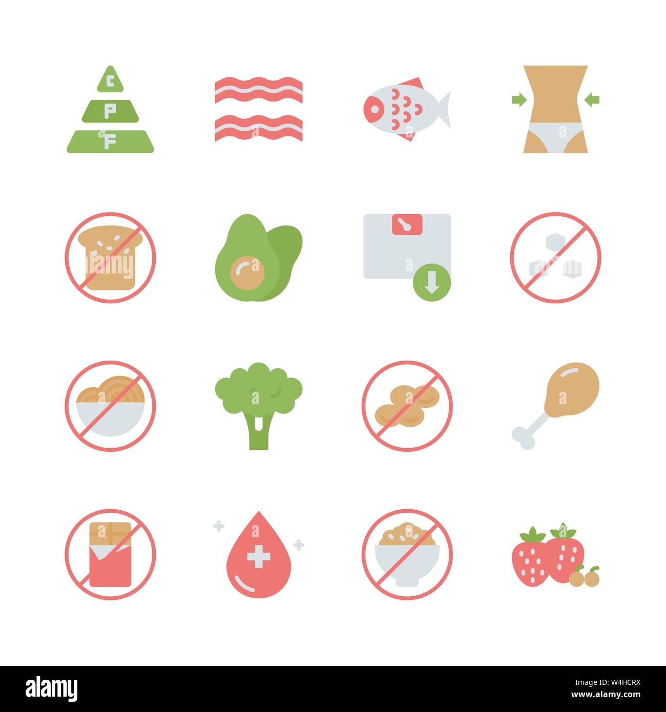 Dieta Ketogenic in flat icon set.illustrazione vettoriale Illustrazione Vettoriale