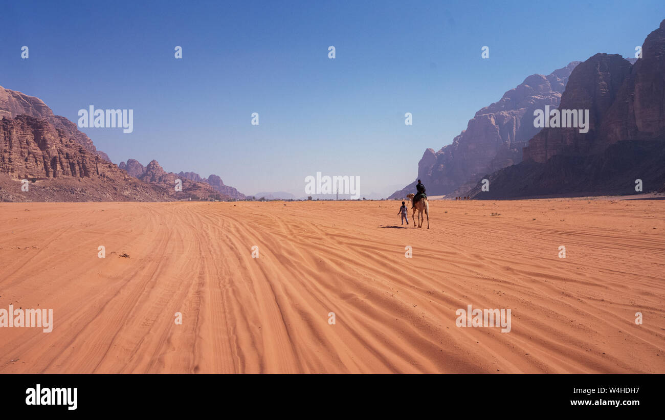 Beduino con camel nel mezzo di Wadi Rum Desert in Giordania Foto Stock