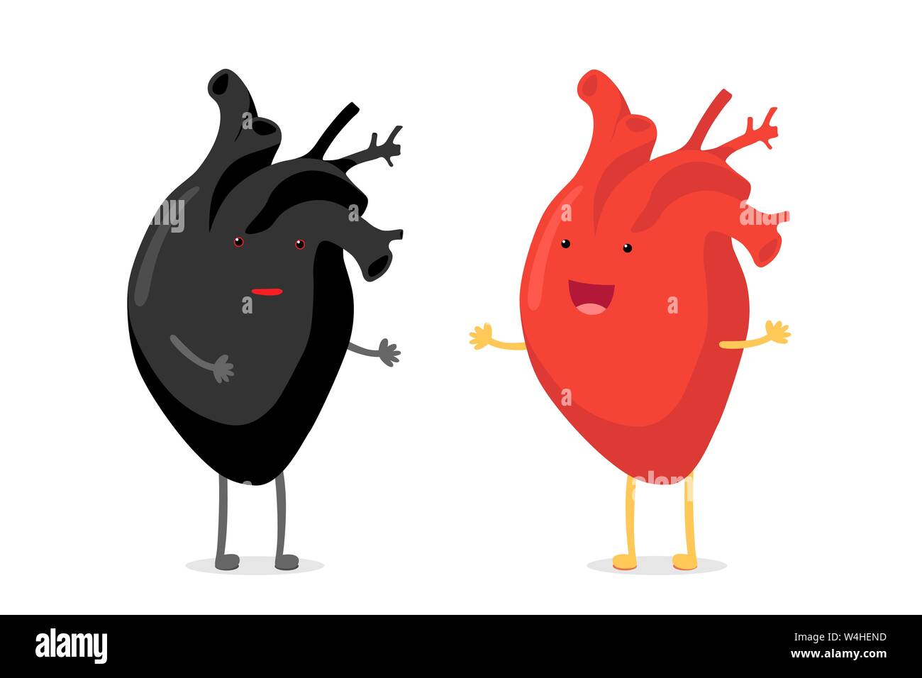 Concetto di razzismo. Confusione nero cuore umano vs sorridenti gli Emoji emozione carino carattere rosso dell'uomo bianco. Medical funny anatomico interno cartoon Illustrazione Vettoriale