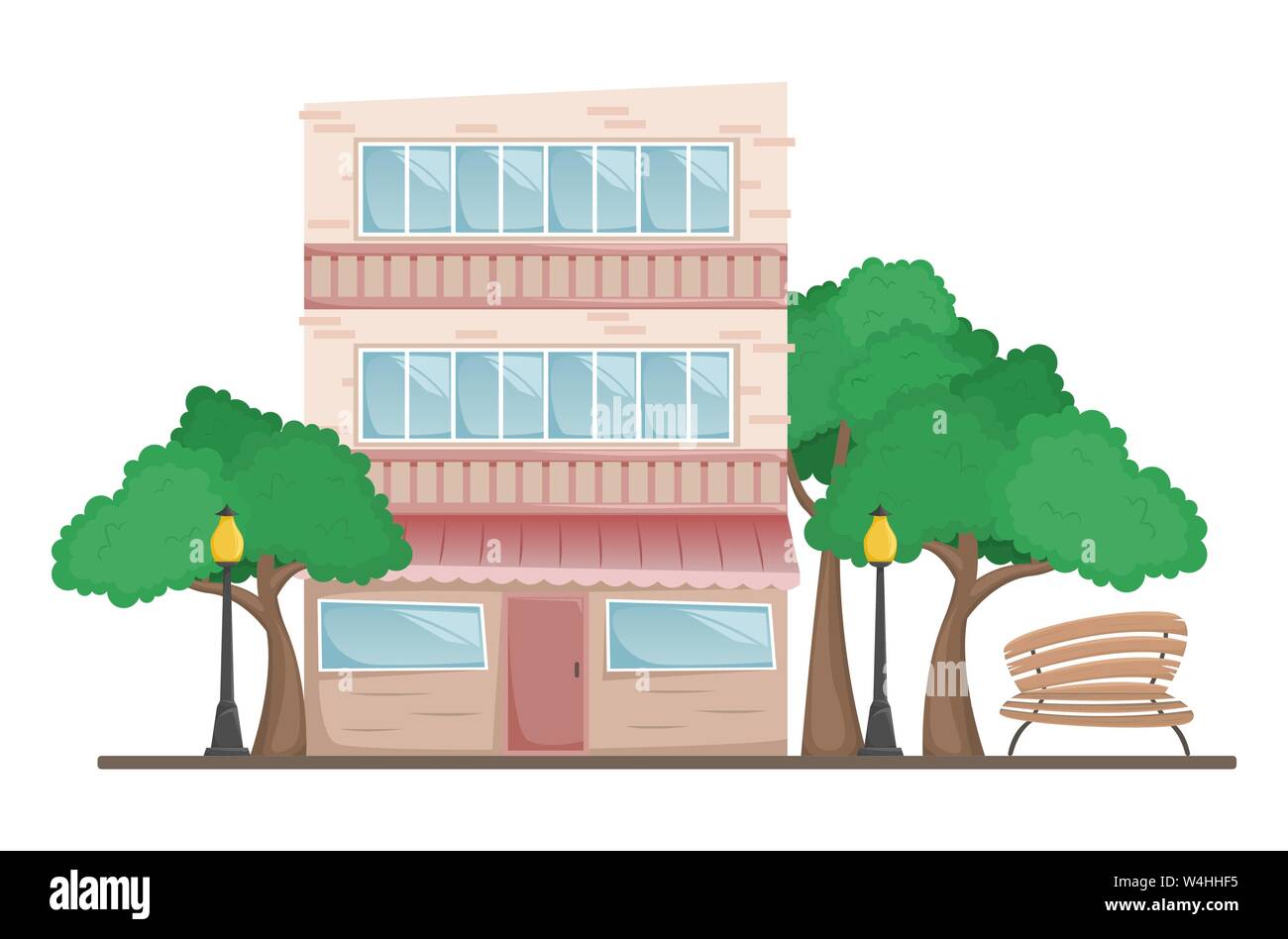 Mattone edificio basso con un negozio al piano terra con alberi e una panca con una lanterna. Illustrazione isolato. Illustrazione Vettoriale