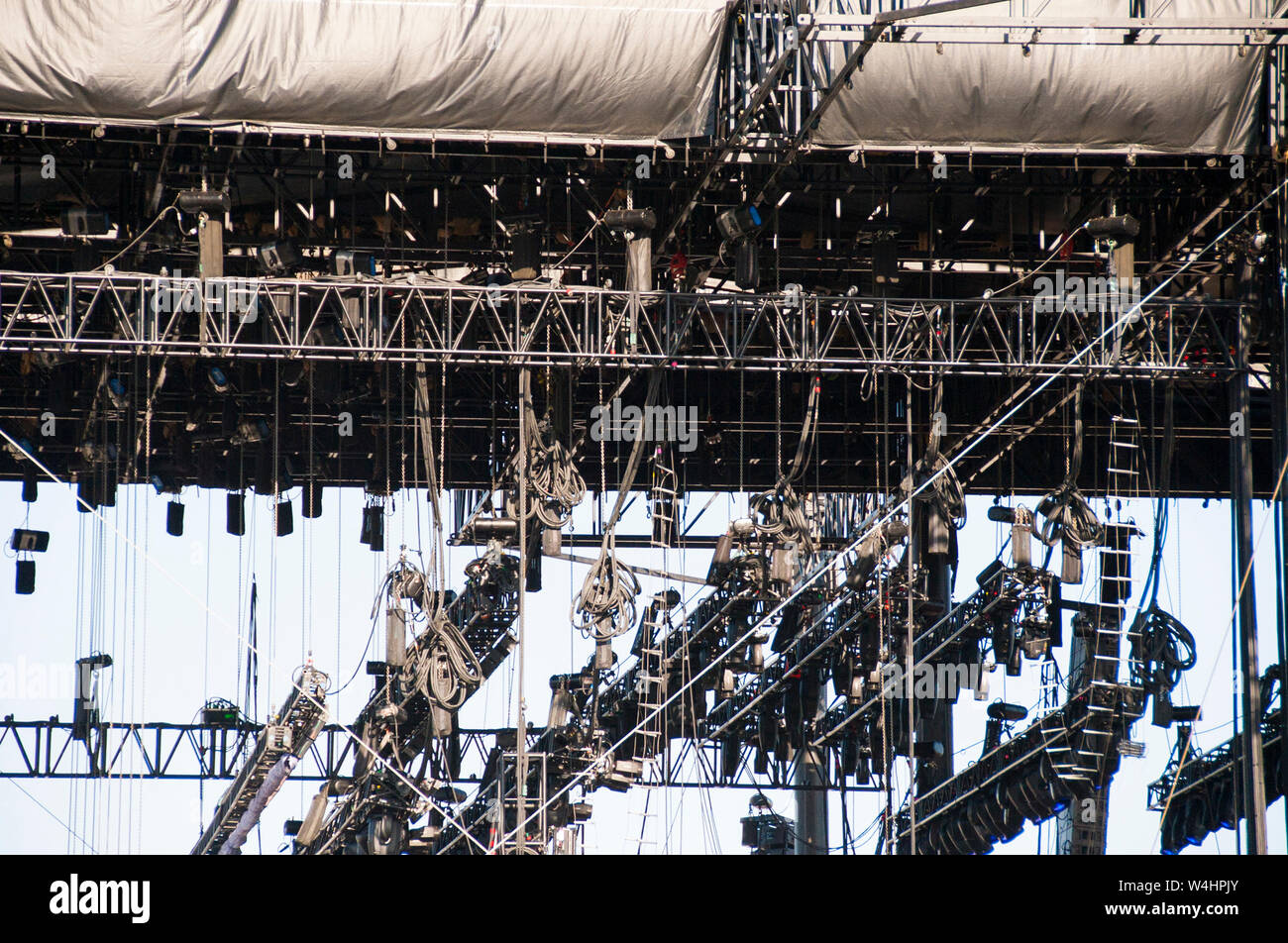 Backstage rig illuminazione a Coachella Music Festival Main Stage Foto Stock