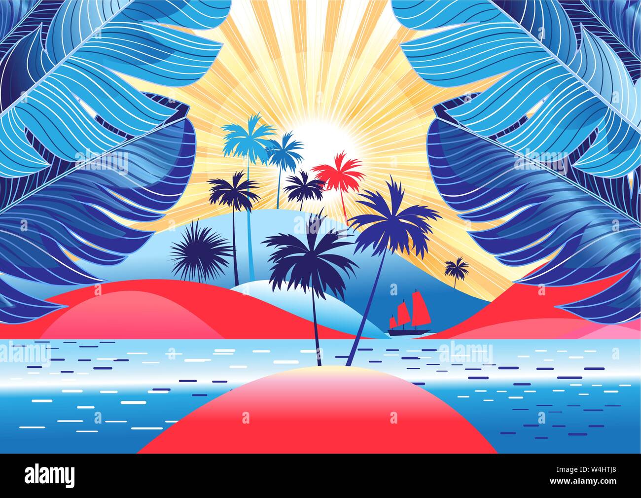 Paesaggio tropicale con palme e sole splendente sulla spiaggia. Modello di progetto per il turismo la pubblicità o per la copertina del libro. Illustrazione Vettoriale