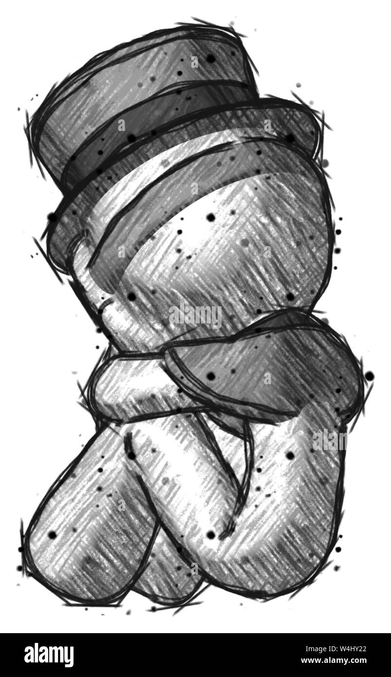 Schizzo medico della peste uomo seduto con la testa in giù vista posteriore rivolto verso sinistra. Foto Stock