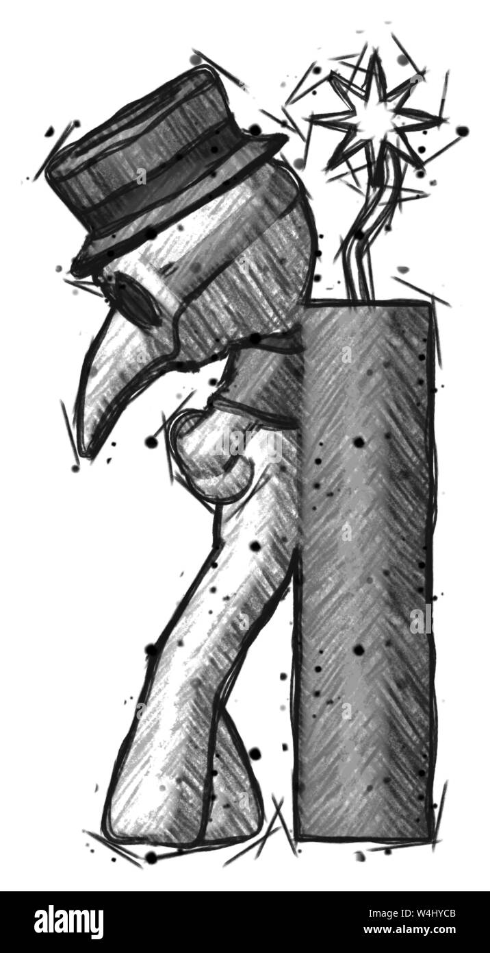 Schizzo medico della peste uomo appoggiato a dynimate, grande stick pronta ad esplodere. Foto Stock