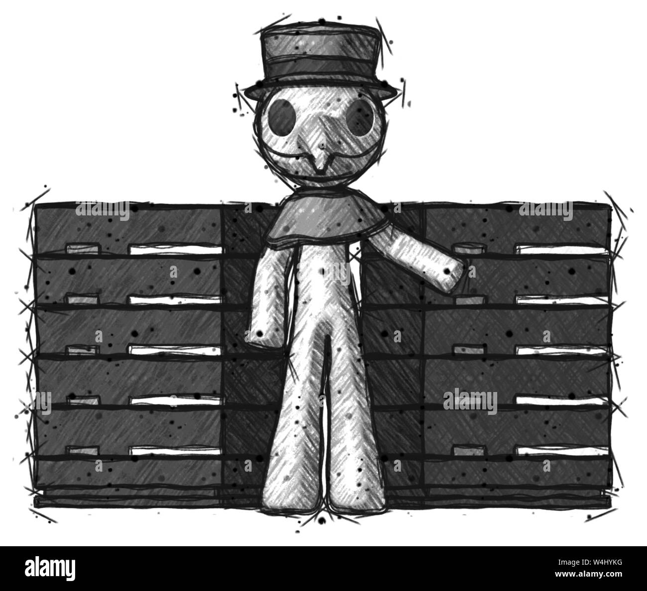 Schizzo medico della peste uomo con rack per server, di fronte a due sistemi di rete. Foto Stock