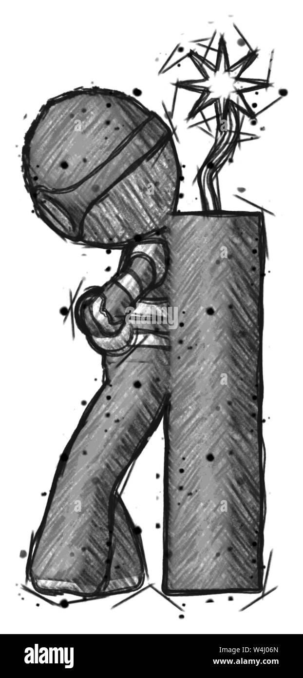 Schizzo ladro uomo appoggiato a dynimate, grande stick pronta ad esplodere. Foto Stock