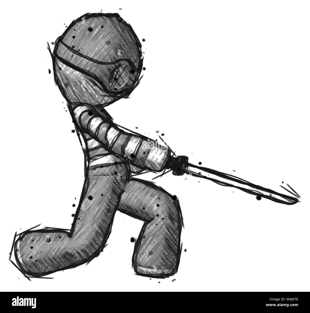 Schizzo ladro uomo con ninja spada katana affettare o qualcosa di sorprendente. Foto Stock