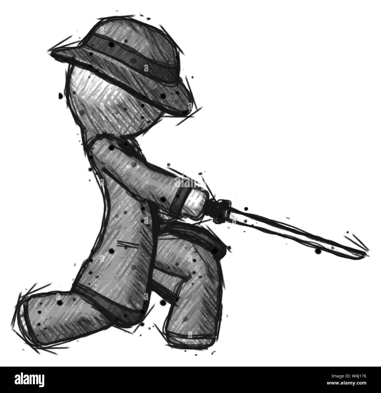 Schizzo detective uomo con ninja spada katana affettare o qualcosa di sorprendente. Foto Stock