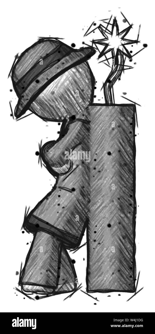 Schizzo detective uomo appoggiato a dynimate, grande stick pronta ad esplodere. Foto Stock