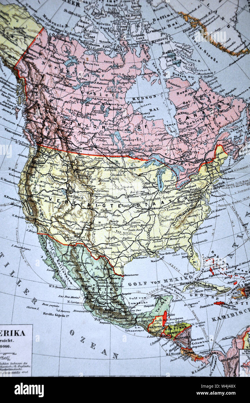 1900 Meyer mappa del Nord America che mostra il Canada, gli Stati Uniti, Messico, Alaska e Indie occidentali Foto Stock