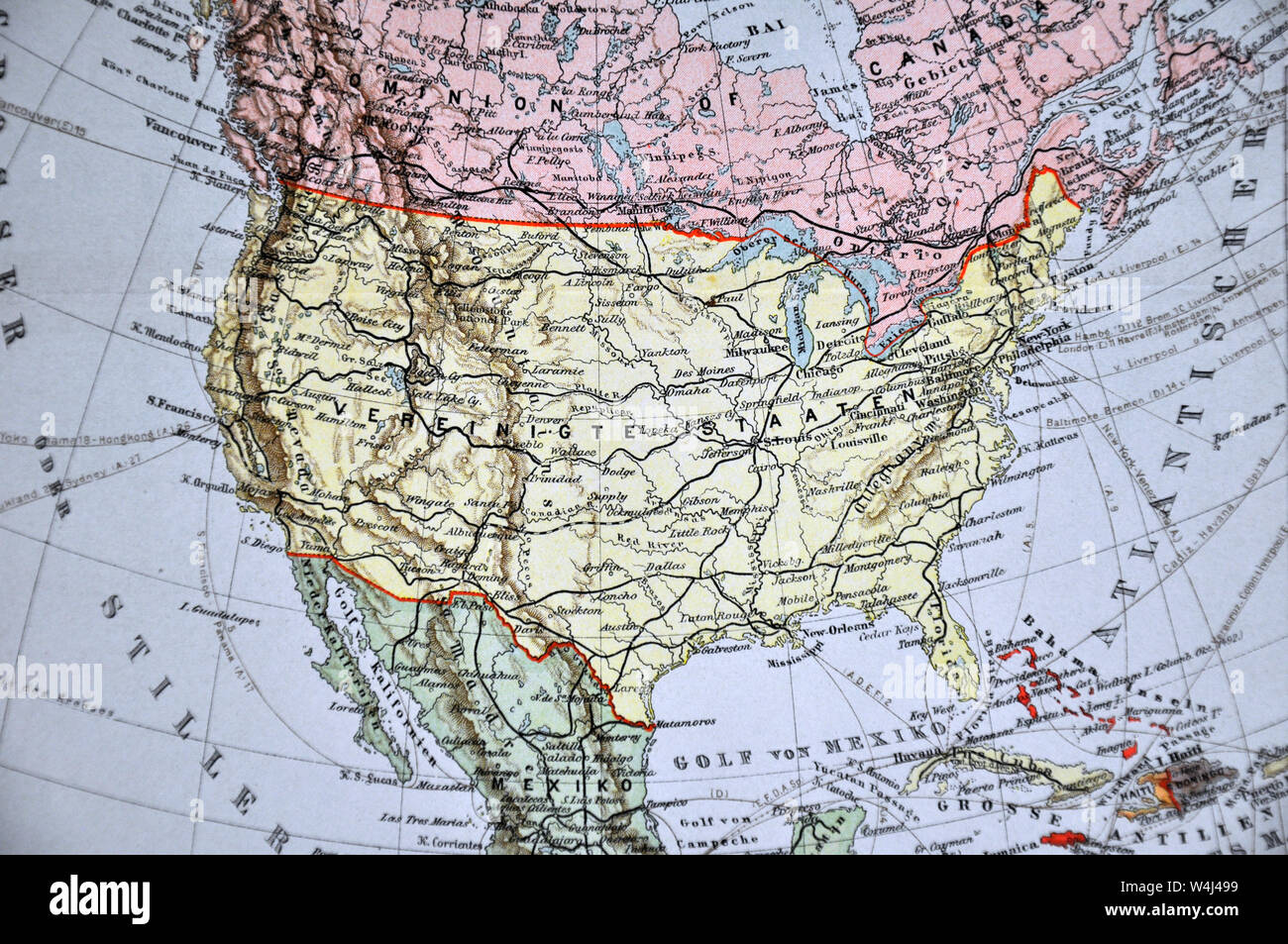 1900 Meyer mappa del Nord America che mostra il Canada, gli Stati Uniti, Messico, Alaska e Indie occidentali Foto Stock