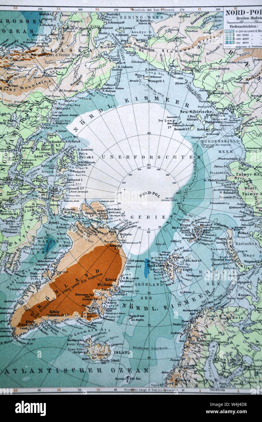 1900 Meyer Mappa del Polo Nord Oceano Artico che mostra la Groenlandia  Canada Russia Alaska Foto stock - Alamy