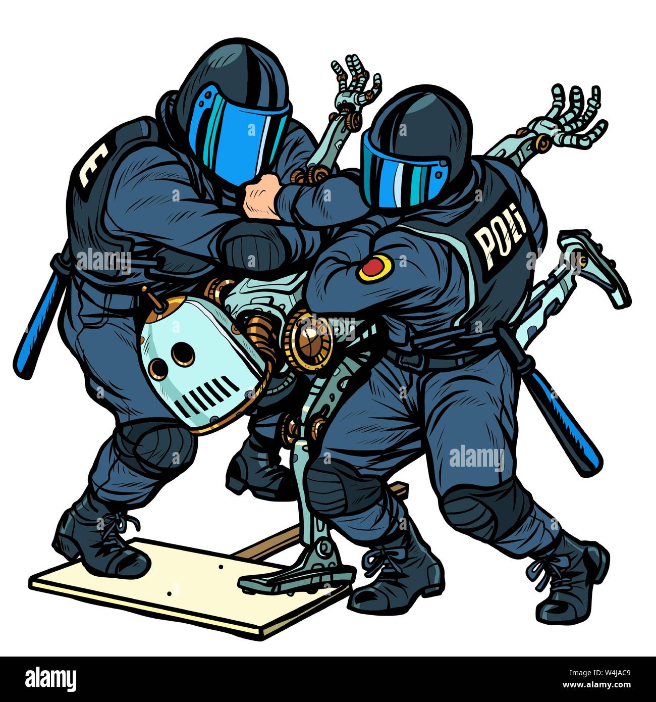 Lotta contro il futuro. La polizia arresta una protesta robot Illustrazione Vettoriale