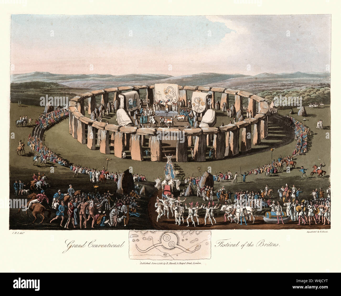 Incisione vintage del Festival dei britannici, antica Stonehenge. 1815, il costume degli abitanti originari delle isole britanniche, da MEYRICK, Sa Foto Stock