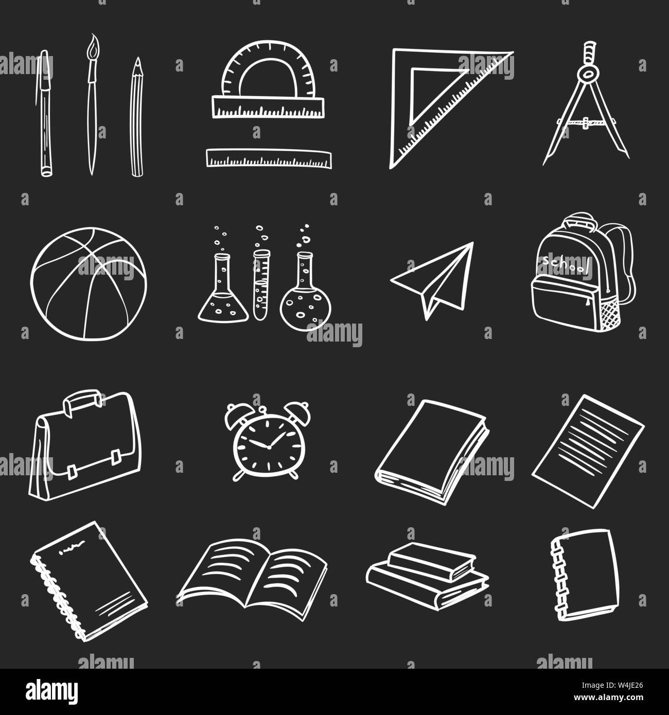 Set di icone con elementi di scuola sul ritorno a scuola il primo di settembre in doodle mano lo stile di disegno isolato su sfondo nero. Illustr vettore Illustrazione Vettoriale