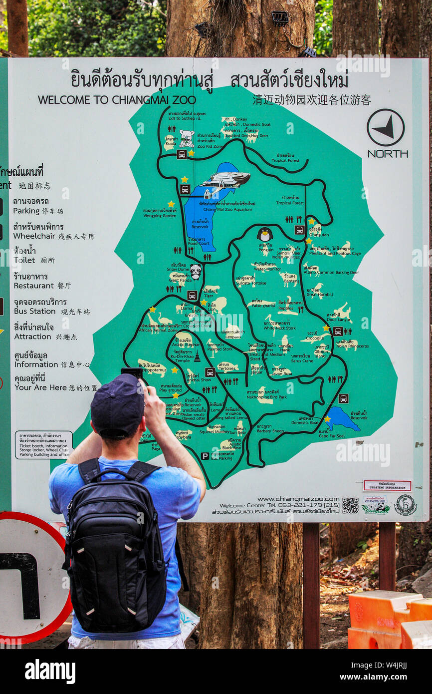 Un turista occidentale le fotografie la mappa del layout del Chiang Mai Zoo in Thailandia. Foto Stock