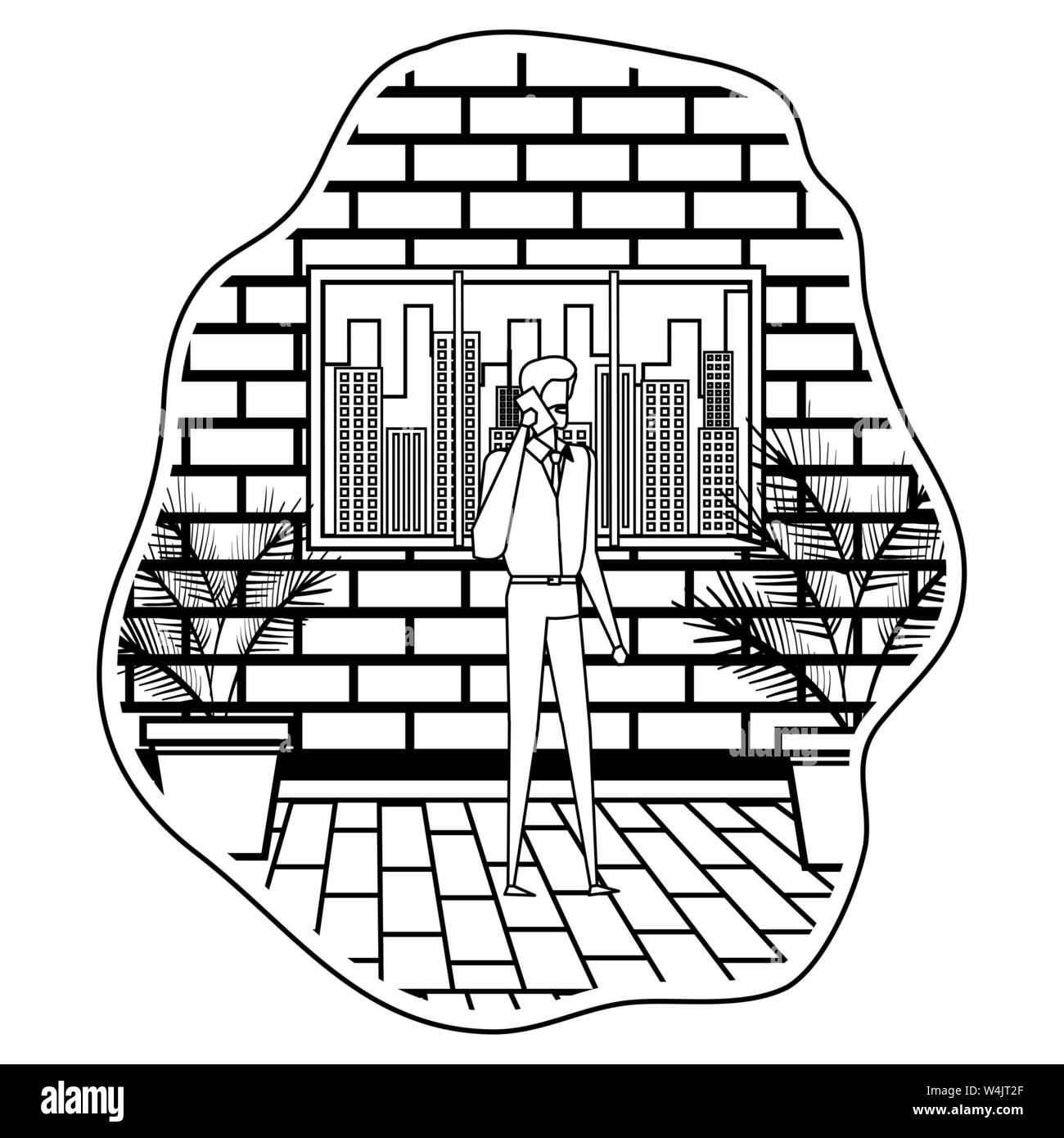 Imprenditore utilizza lo smartphone sulla città Illustrazione Vettoriale Imprenditore utilizza lo smartphone sulla città Illustrazione Vettoriale