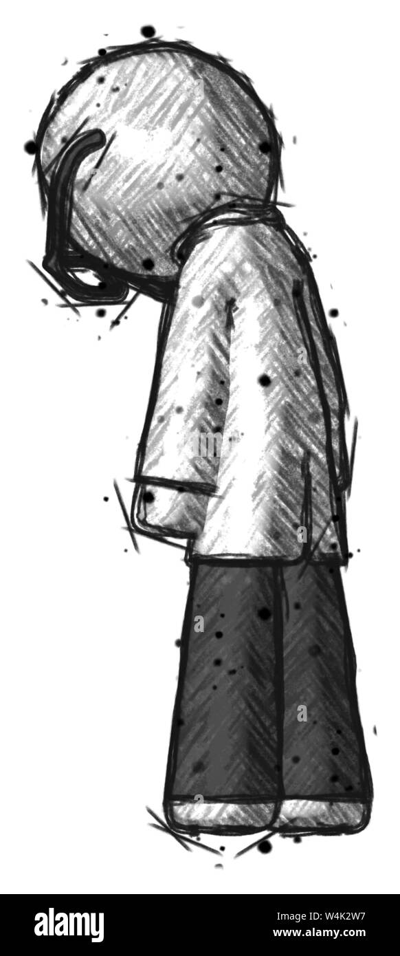 Schizzo medico scienziato uomo premuto con la testa in giù, torna al visualizzatore, a sinistra. Foto Stock