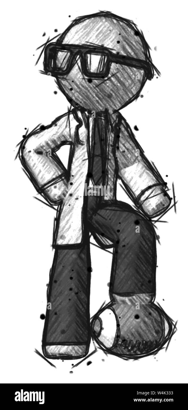 Schizzo medico scienziato man standing con piede sul calcio. Foto Stock