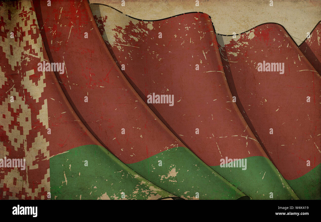 Illustrazione dello sfondo di una vecchia carta con una stampa di una sventola Bandiera della Bielorussia Foto Stock