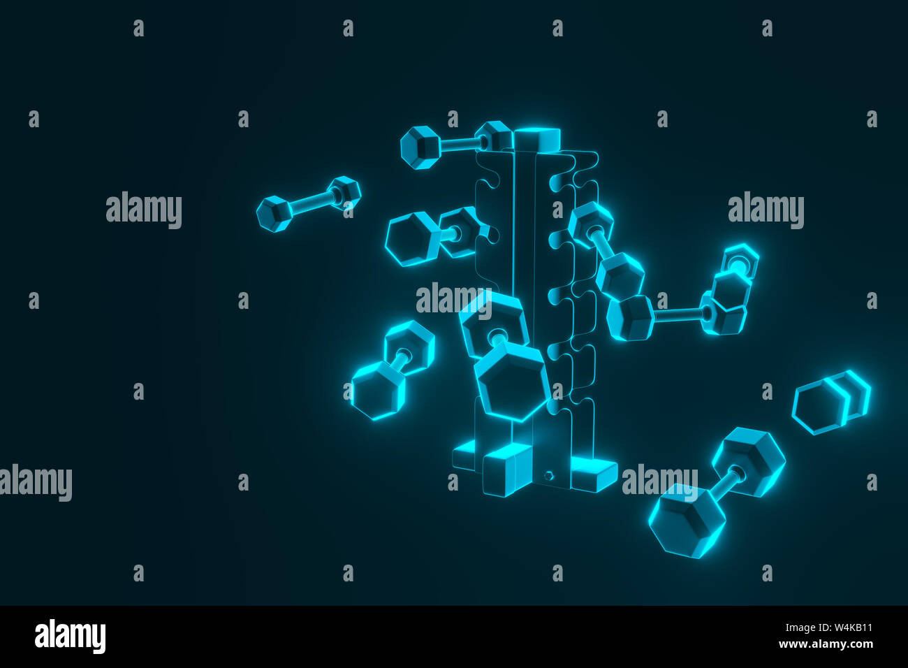 Il rendering 3D. Set di pesi isolato per lo sport su uno sfondo blu ripiegata su una speciale in metallo nero cavalletto. Pesi di diversa categoria di peso. Il manubrio con pesi differenti Foto Stock