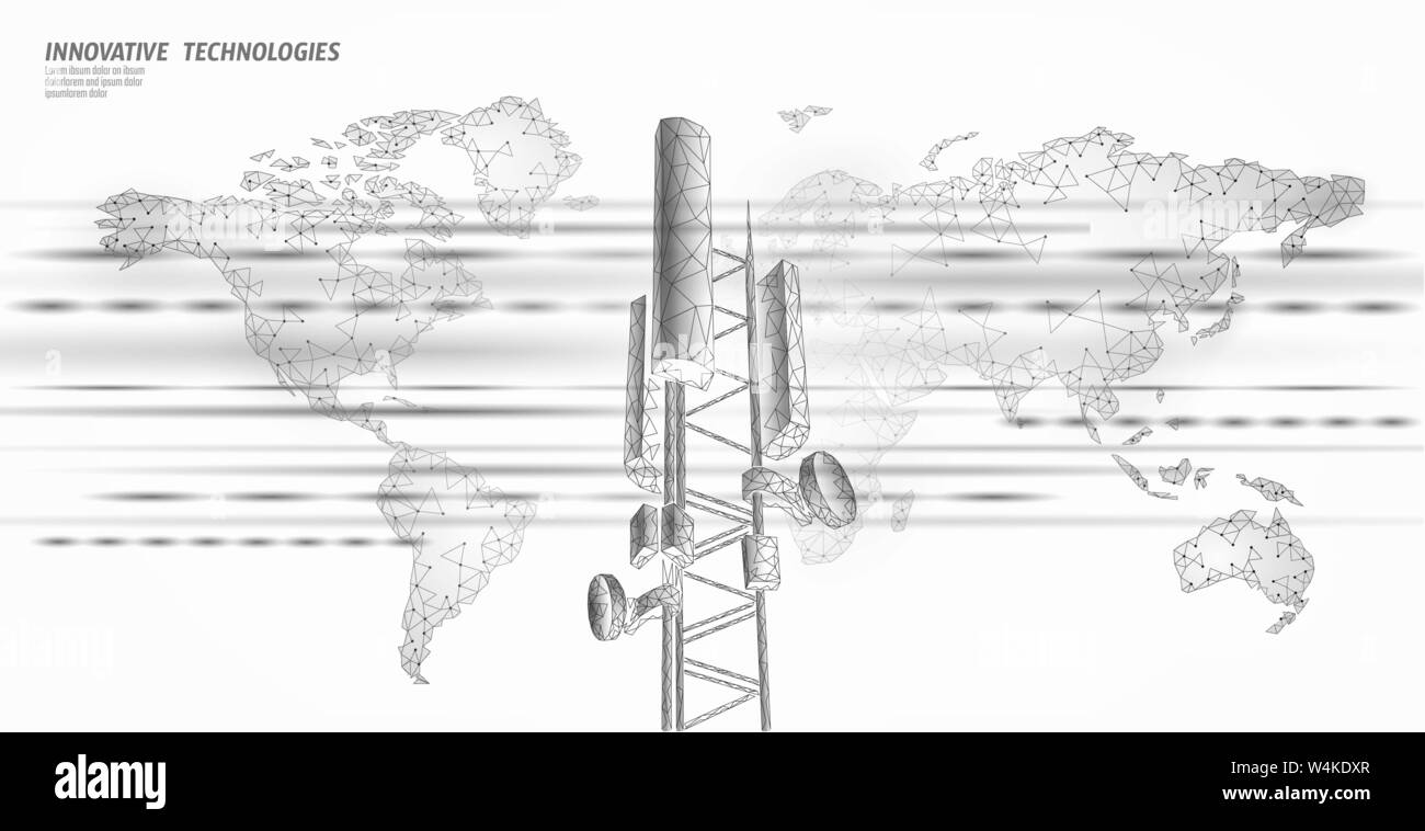 3d ricevitore della stazione base. torre di telecomunicazioni 4g design poligonale globale informazioni di connessione trasmettitore. L'antenna della radio mobile vettore cellulare Illustrazione Vettoriale