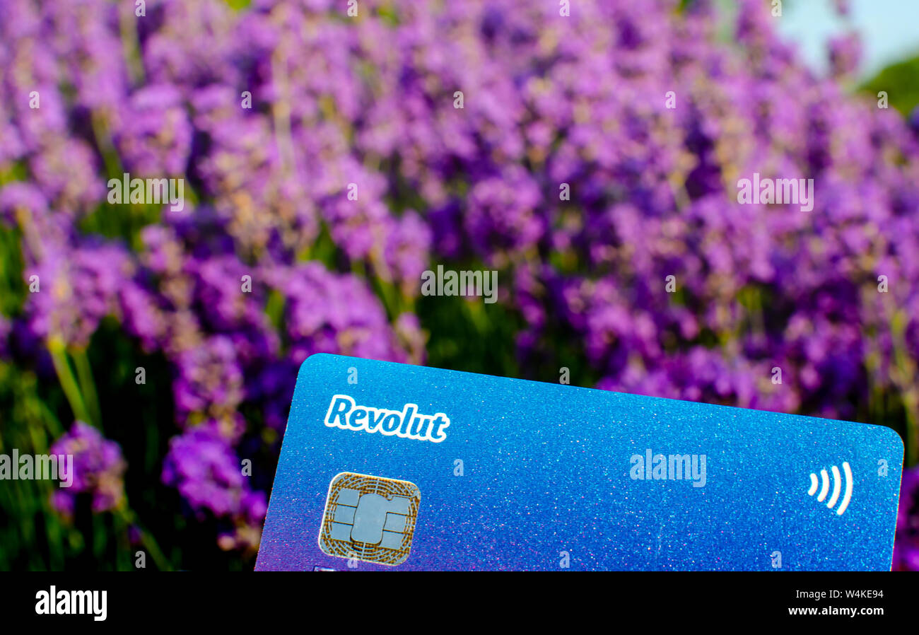 Revolut carta bancaria vicino la foto con la Lavanda fiori su uno sfondo sfocato. Foto che mette in evidenza la singolare blu-color porpora del Revolut Foto Stock