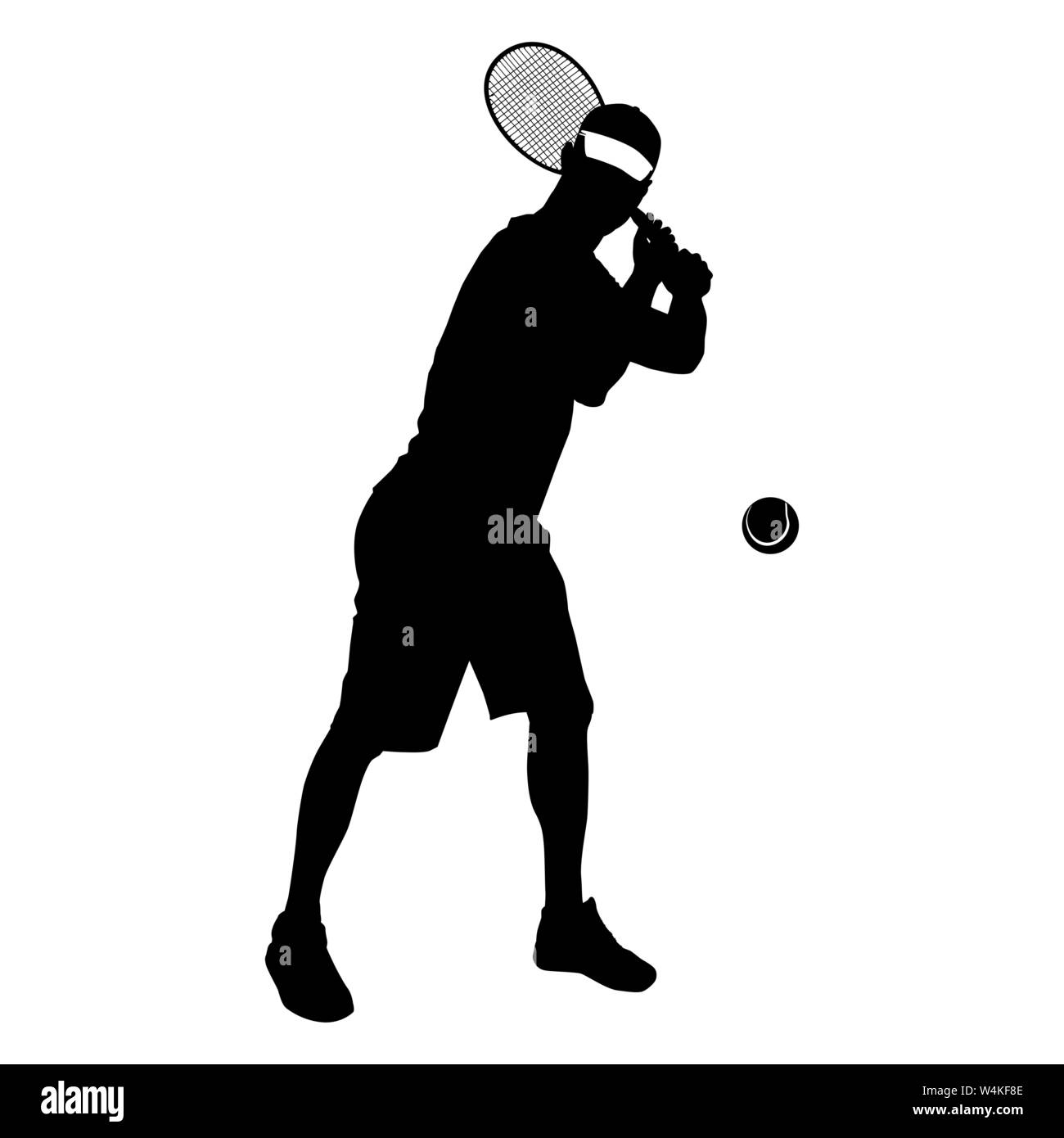 Giocatore di Tennis silhouette nera su sfondo bianco, illustrazione vettoriale Illustrazione Vettoriale