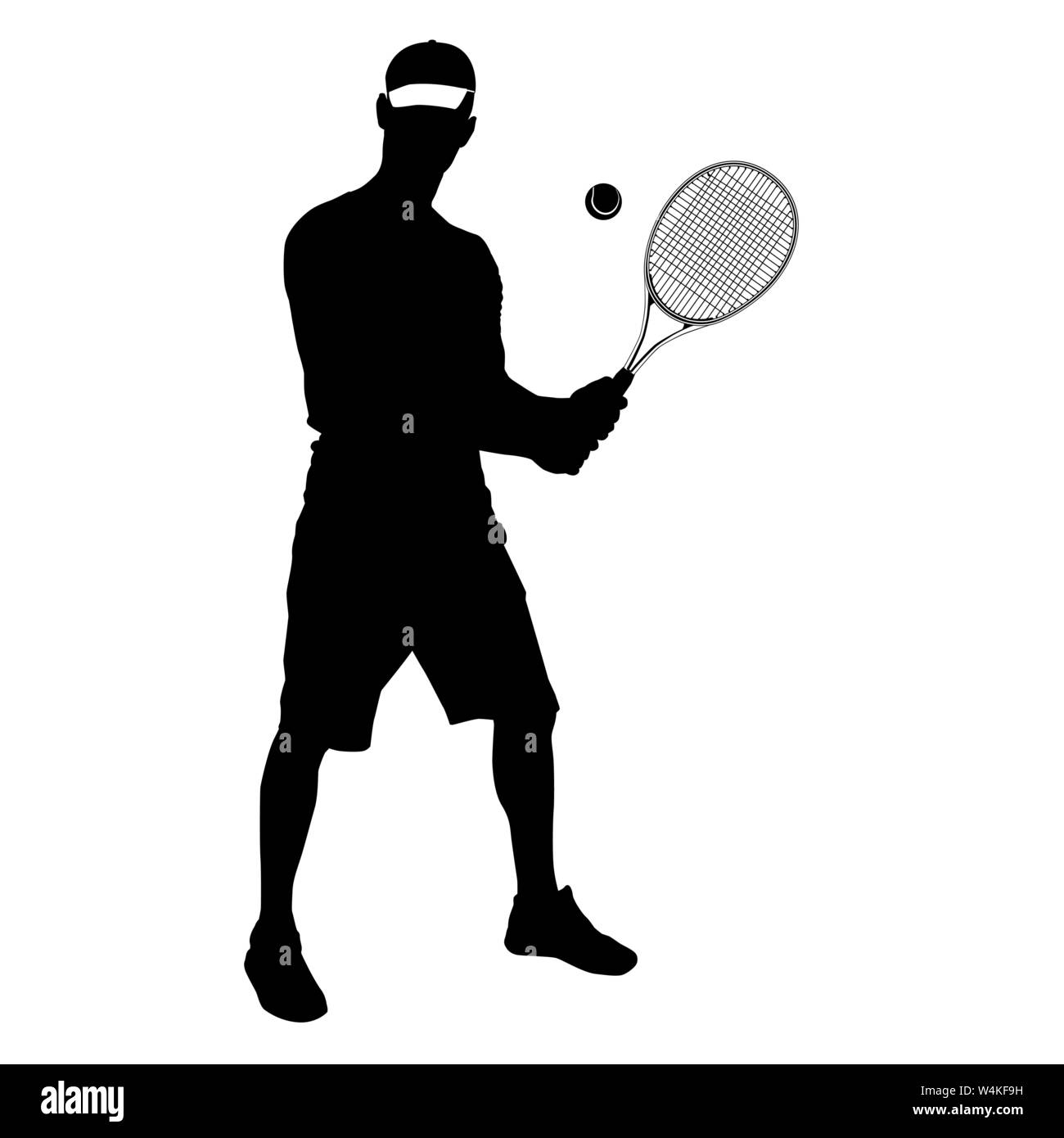 Giocatore di Tennis silhouette nera su sfondo bianco, illustrazione vettoriale Illustrazione Vettoriale