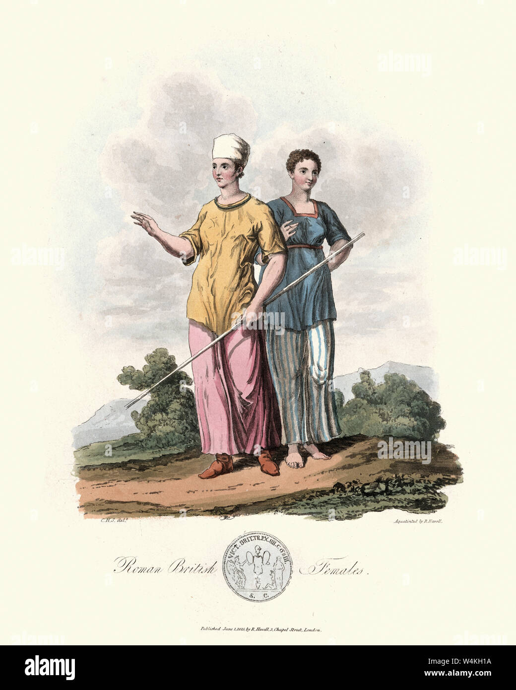 Vintage incisione di costumi di antico romano le donne inglesi. 1815, il costume degli abitanti originari delle isole britanniche, da MEYRICK, Samuel Foto Stock