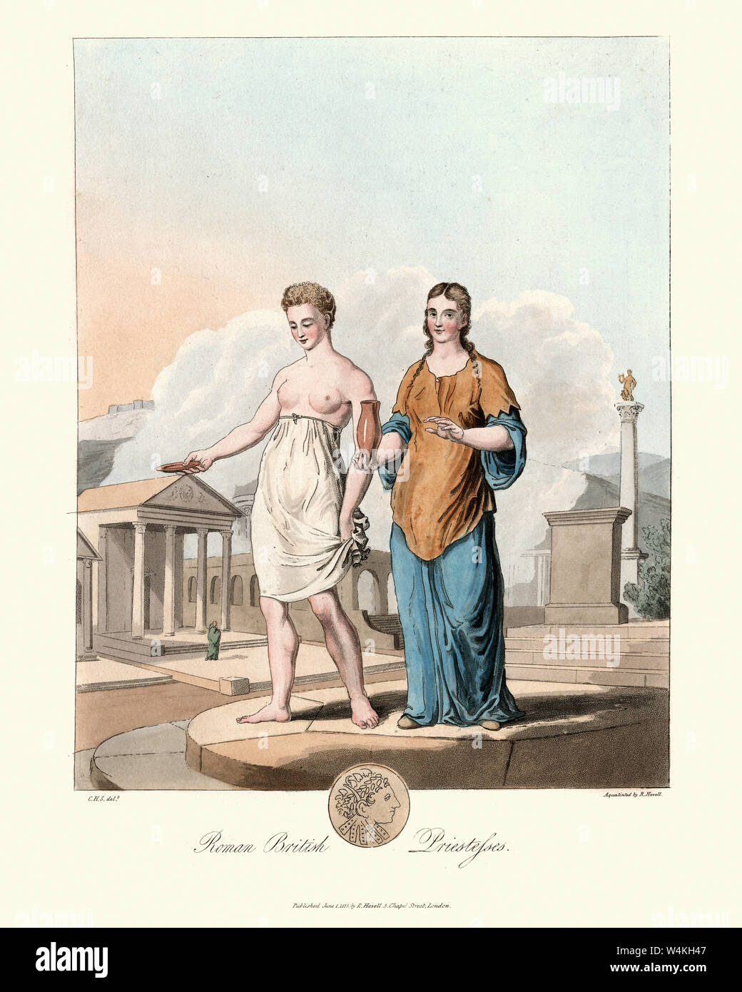 Vintage incisione di sacerdotessa di antico romano britannico. 1815, il costume degli abitanti originari delle isole britanniche, da MEYRICK, Samuel Rush Foto Stock