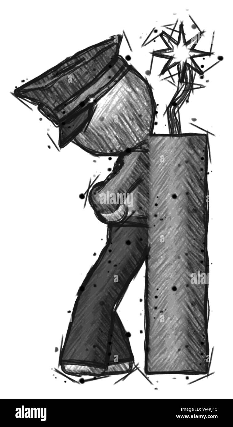 Schizzo uomo polizia appoggiata contro dynimate, grande stick pronta ad esplodere. Foto Stock