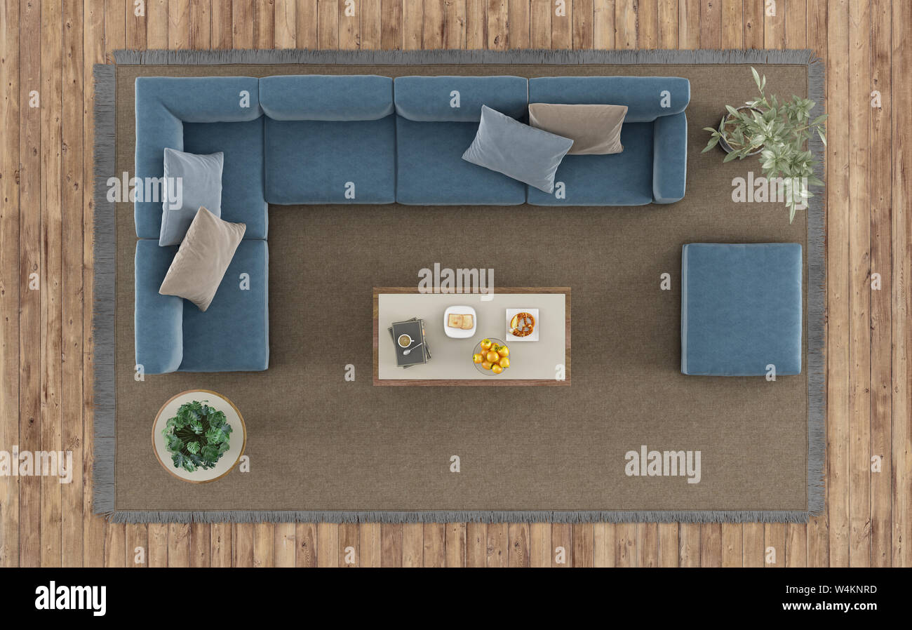 Vista dall'alto di un moderno soggiorno con divano bianco e tavolo da caffè sul tappeto - 3d rendering Foto Stock