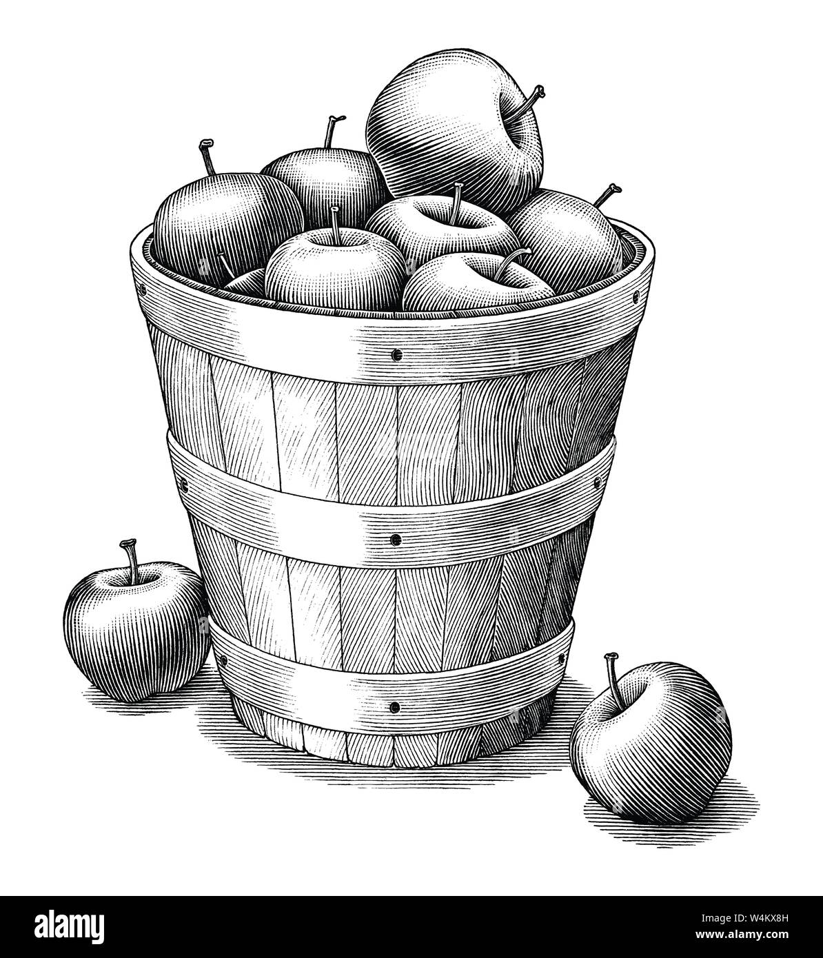 Apple nel cestello del disegno a mano in stile vintage in bianco e nero di clipart isolati su sfondo bianco Illustrazione Vettoriale