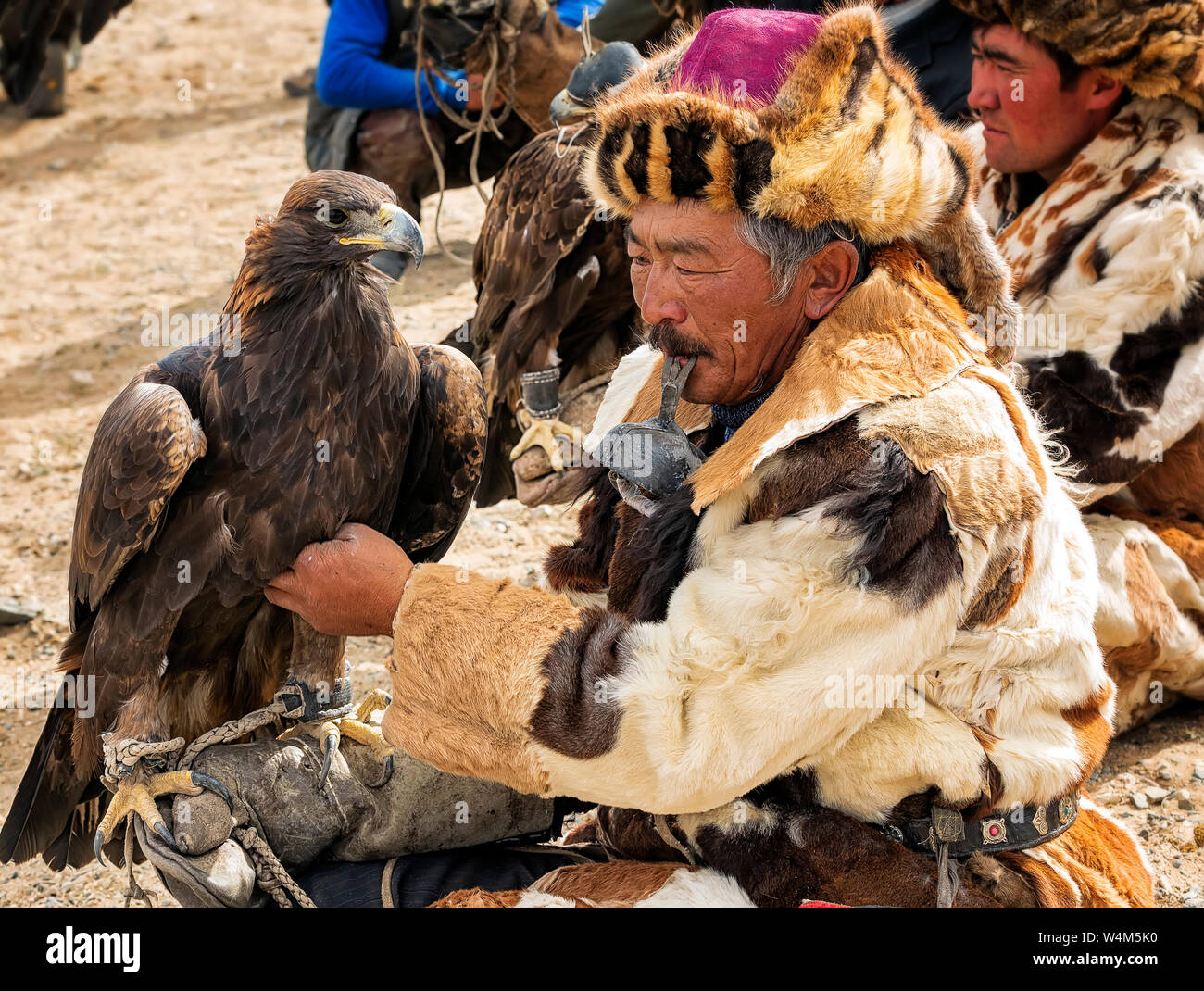 Altai eagle festival. Il cacciatore mongolo è seduto con Golden Eagle.Mongolia occidentale. Altai Foto Stock